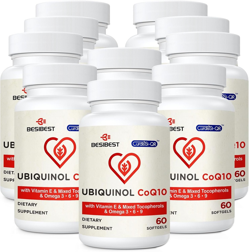 Ubiquinol CoQ10-600mg-Softgel, Active Coq10 Ubiquinol Suplemento con vitamina E &amp; Omega 3, 6, 9, alta absorción-coenzima-Q10, potente antioxidante para la producción de energía, probado, 600 conteo