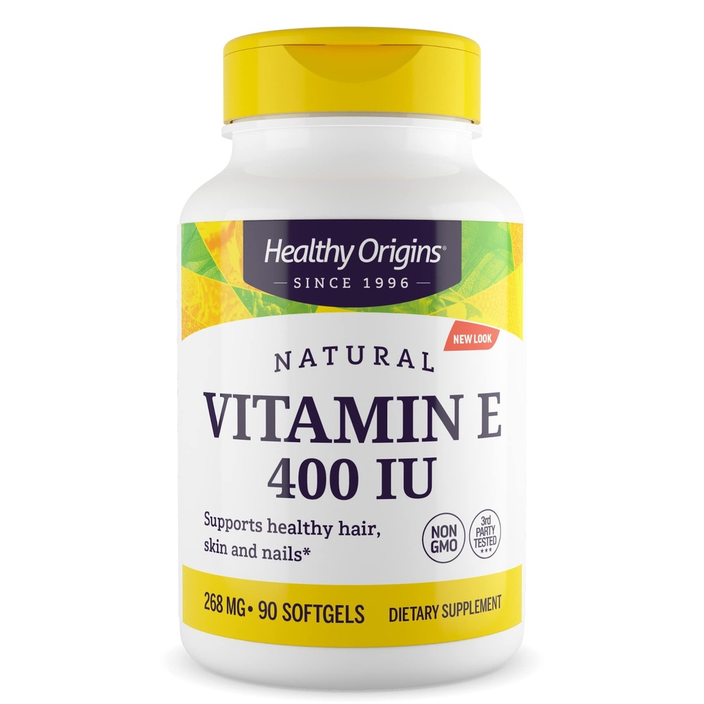 Orígenes saludables Vitamina E 400 UI (Natural, no GMO, Gluten Free, Skin Support, Cardiovascular Support), 90 Softgels