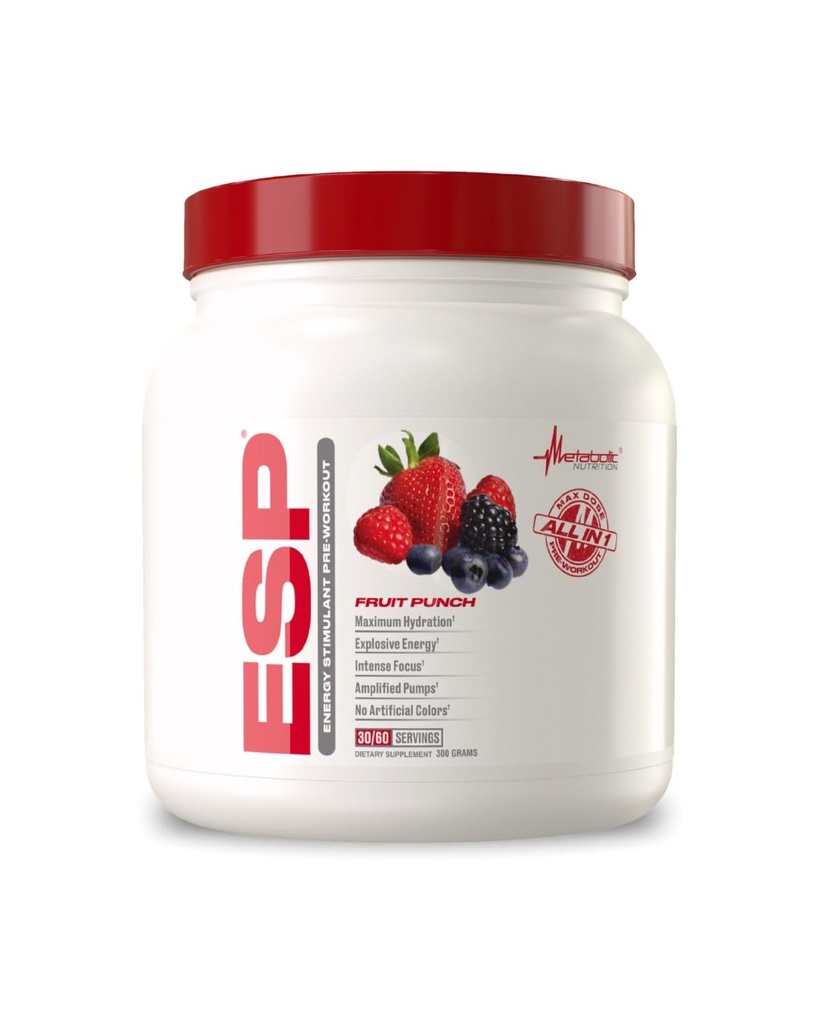 Nutrición metabólica, ESP, Energía y Resistencia Estimulante Pre Workout, Pre Intra Workout, Alta Energía y Focus Mental, Suplemento de entrenamiento estimulante, Fruit Punch, 300 Grams (90 Servings)