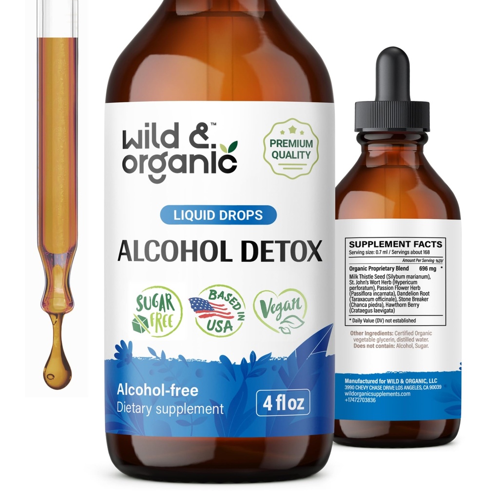Wild &amp; Organic Alcohol Detox Drops - Liver &amp; Kidney Cleanse with Milk Thistle, Chanca Piedra Stone Breaker - Anti Alcohol Complex for Liver Cleanse Detox - Vegan, No Sugar & Additives - 4 fl oz