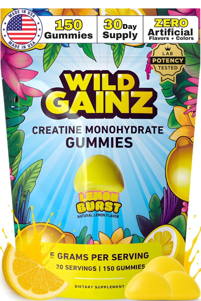 Gummies de Monohidrato de Creatina para Hombres 5000mg - Hecho en EE.UU., Potency Tested, Vegan, soporta el crecimiento muscular, fuerza " función cognitiva, no GMO Gluten-Free Lemon Flavored Creatine 150 Chews