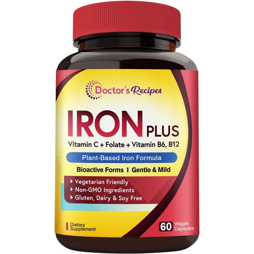 Recetas del médico Suplemento de hierro, Bisglycinate de hierro con vitamina C, B6, Folate " B12, No estreñimiento, Stomach Friendly, Gentle Iron Pills for Iron Deficiency, Blood & Energy Support, 60 Vegan Caps