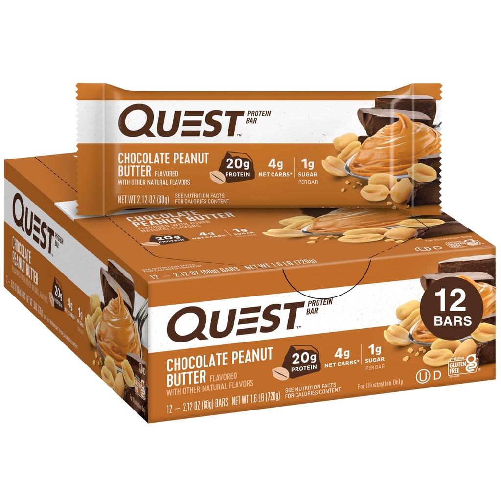 Quest Nutrition Chocolate Peanut Butter Bares, 20g Protein, 1g Sugar, 4g Net Carb, Gluten Free, Keto Friendly, 12 Conde