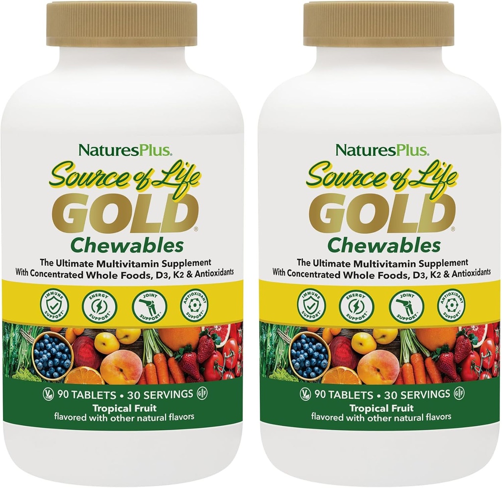 NaturesPlus Source of Life Gold Multivitamin - 90 Chewable Tablets, Pack of 2 - with Vitamins D3, B12, K2 &amp; More Than 120 Whole Foods - Blood, Bone & Immune Support - Gluten Free - 60 Total Servings
