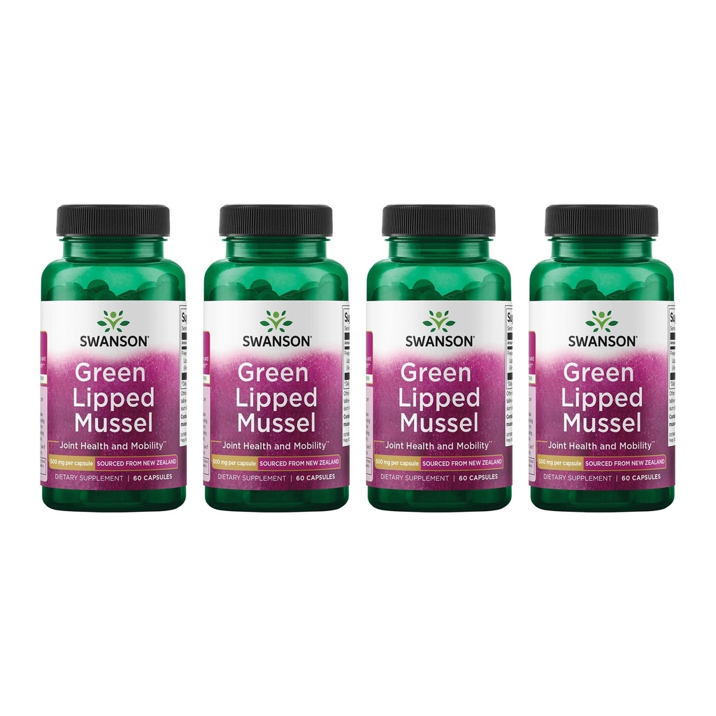 Swanson Green Lipped Mussel (Freeze-Dried) - New Zealand Joint Health & Mobility Supplement - Natural Formula May Support Heart Health & Digestive Function - (60 Capsules, 500 mg cada uno) (4 Pack)
