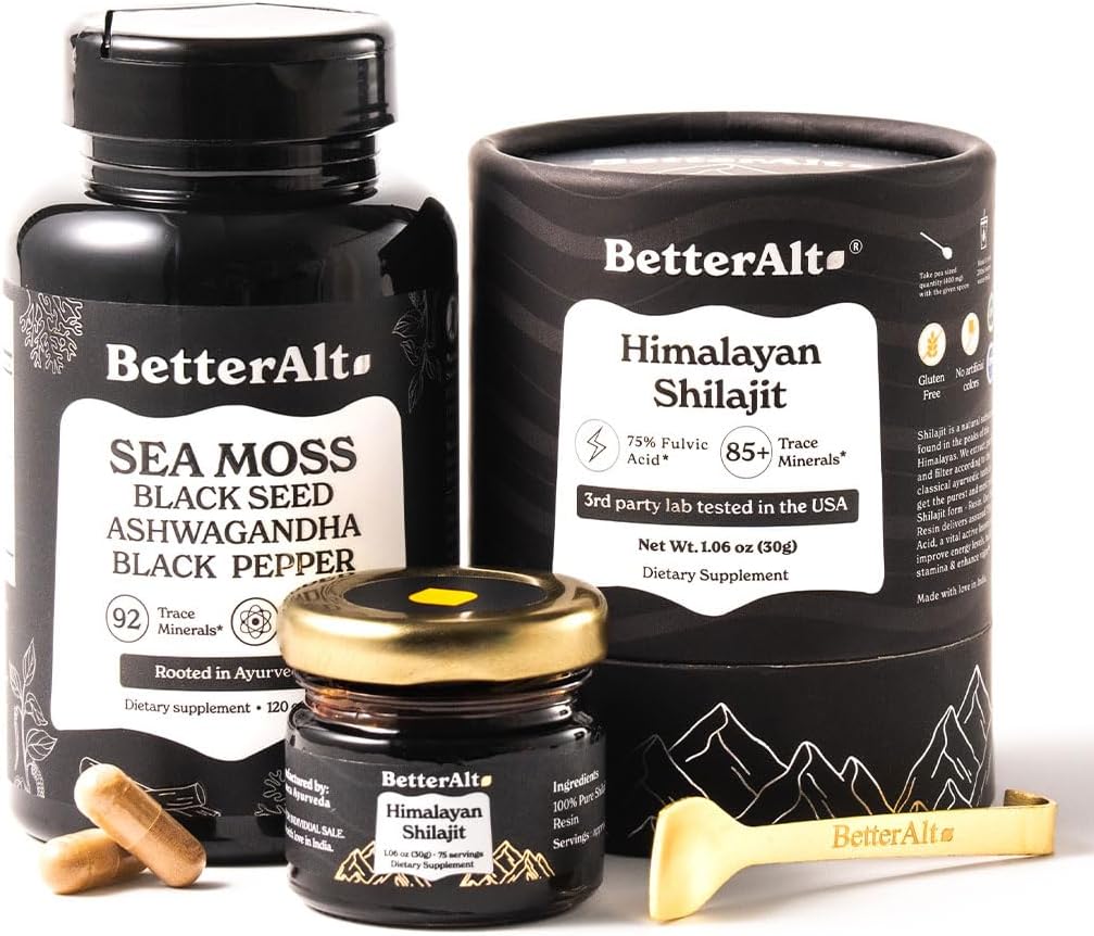 Better Alt Shilajit Resin 30 gm &amp; Sea Moss Capsules Energy Duo imper Pure Himalayan Shilajit Gold Grade for Hombres &amp; Mujeres con alta potencia &amp; Irish Sea Moss con Black Seed Oil