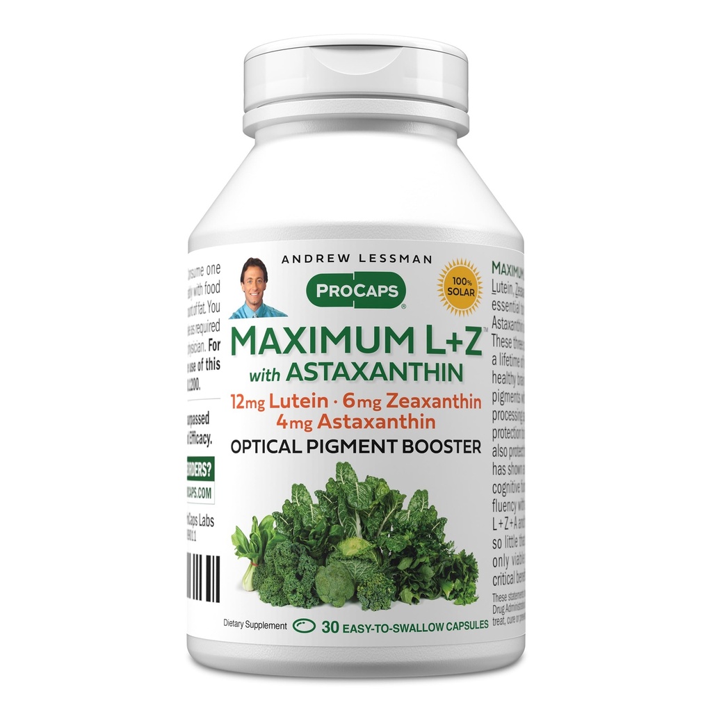 ANDREW LESSMAN Maximum L+Z with Astaxanthin 30 Softgels - 12mg Lutein, 6mg Zeaxanthin, 4mg Astaxanthin. Nutrientes clave para apoyar la salud ocular y cerebral, y promover una visión saludable.