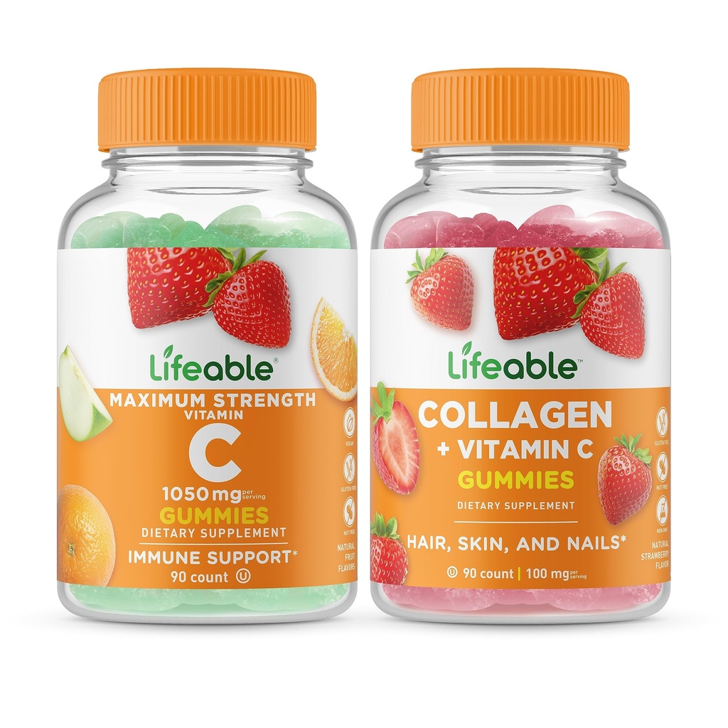Vitamina vital C 1050mg + colágeno &amp; Vitamina C, Gummies Bundle - Gran Tasting, Suplemento de vitamina, Gluten Gratis, GMO Gratis, Chewable Gummy