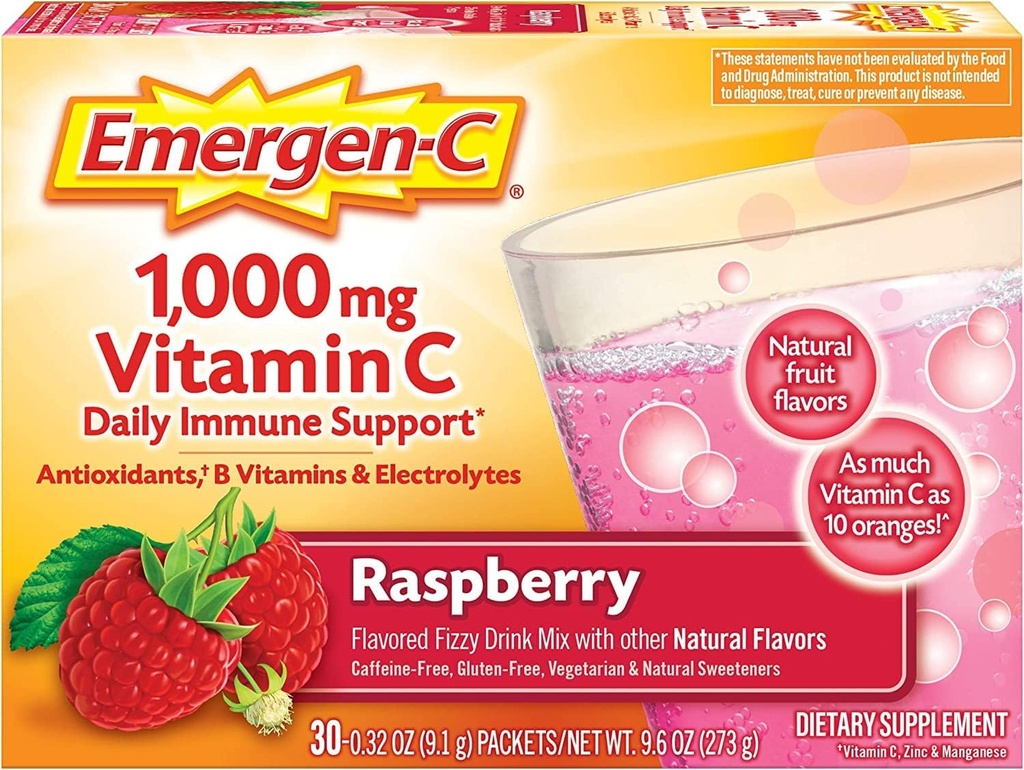 Alacer Emergen-C Vitamina C Fizzy Drink Mix Raspberry - 1000 Mg - 30 Packets