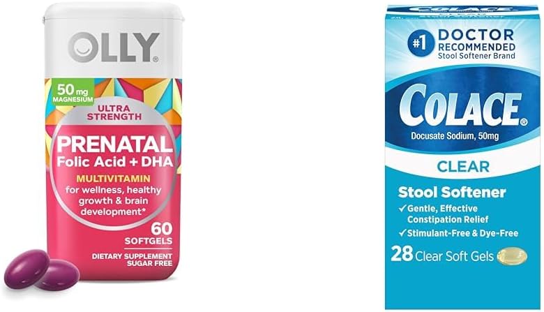 OLLY Ultra Strength Prenatal Multivitamin Softgels with Brain Development Support + Colace Clear Stool Softener Capsules, 28 Conde