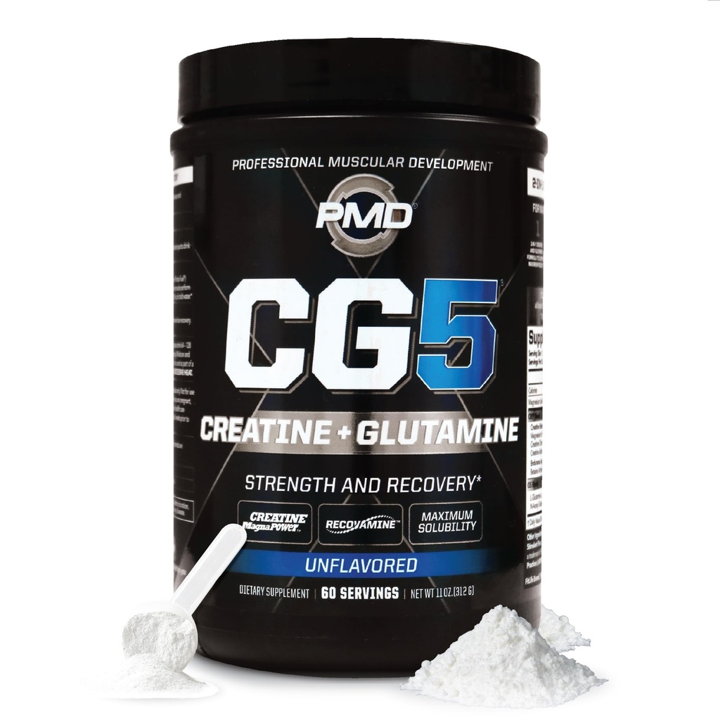 PMD Sports CG5 Premium Creatine & L Glutamine Powder, Power Recovery, Build Lean Muscle, Aumentar el rendimiento de entrenamiento, Maximum Strength Pre Workout & Post Workout, Desflavored, 60 Servings