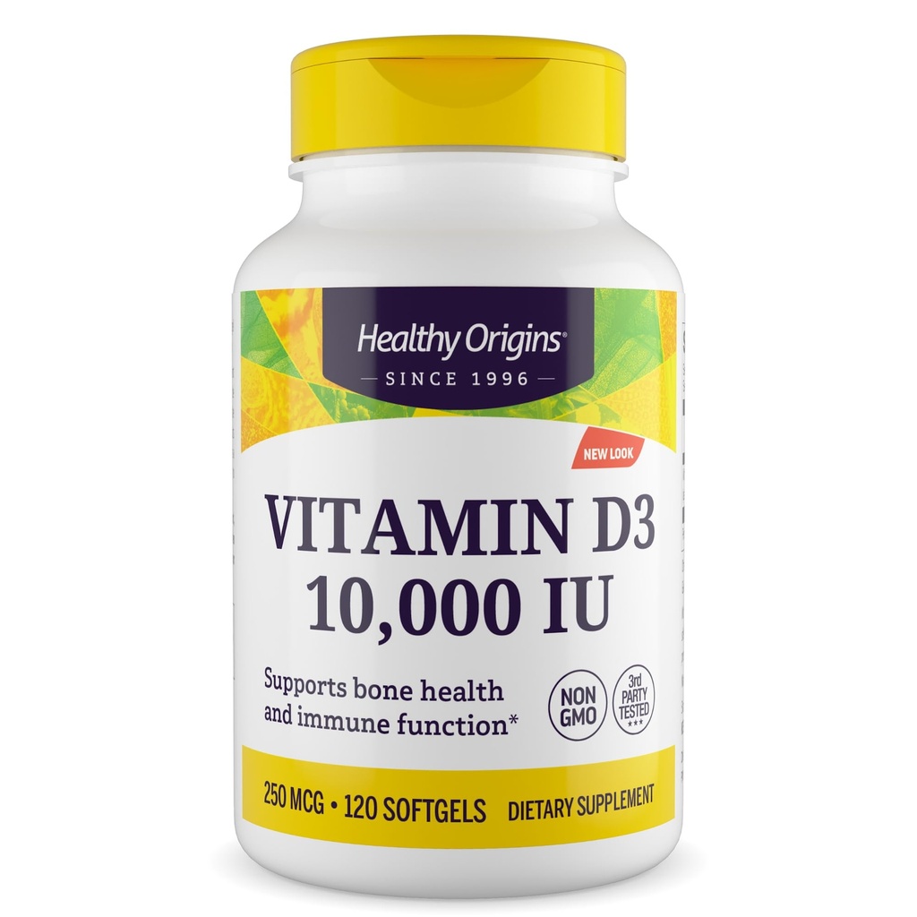 Orígenes saludables Vitamina D3 10,000 UI (No-GMO, alta potencia, soporte de bonificación, soporte para inmunes, libre de gluten), 120 Softgels