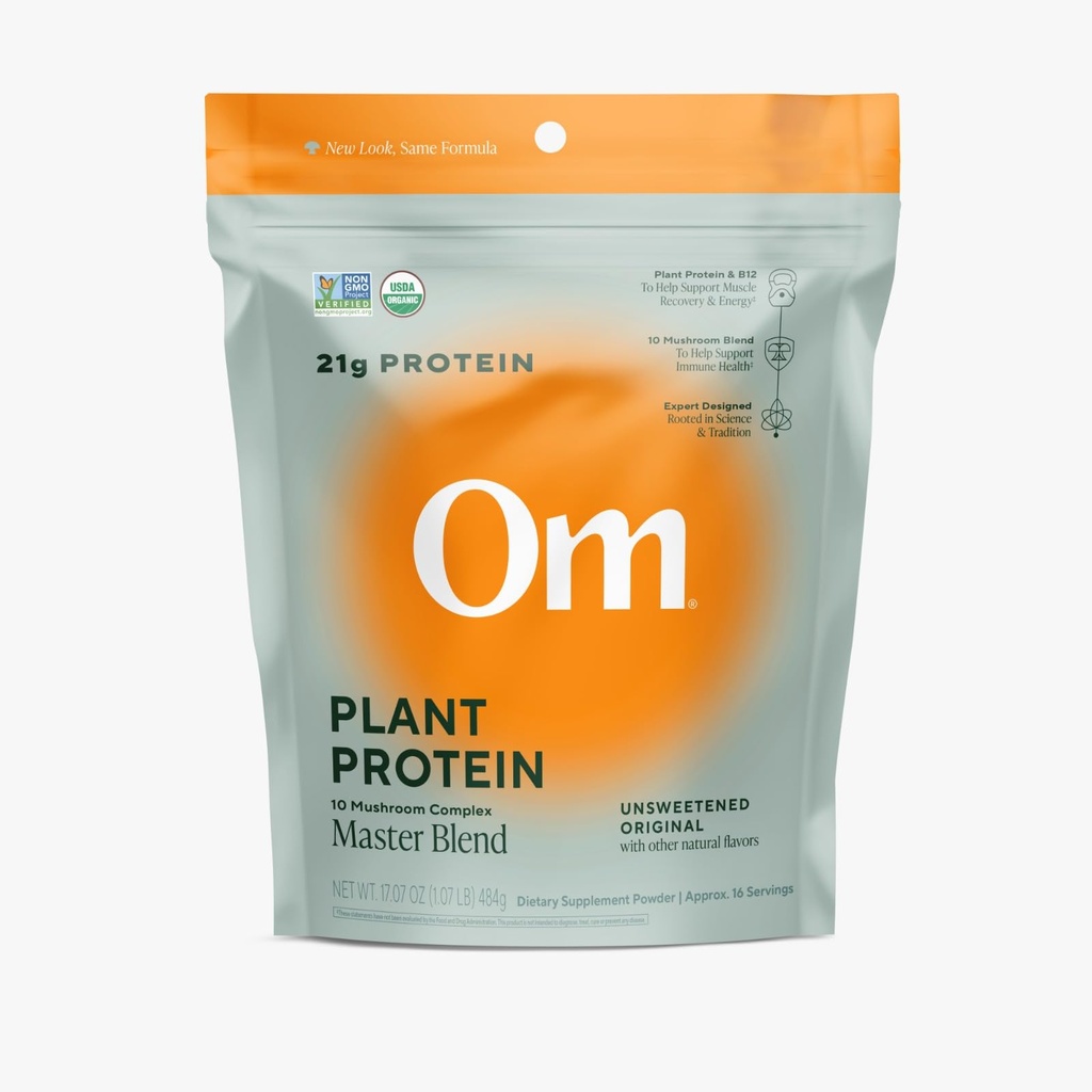 OM MUSHROOM SUPERFOOD Master Blend Plant-Based Protein Powder (Tasa sellable (16 Servings), Proteína Desarrollada)