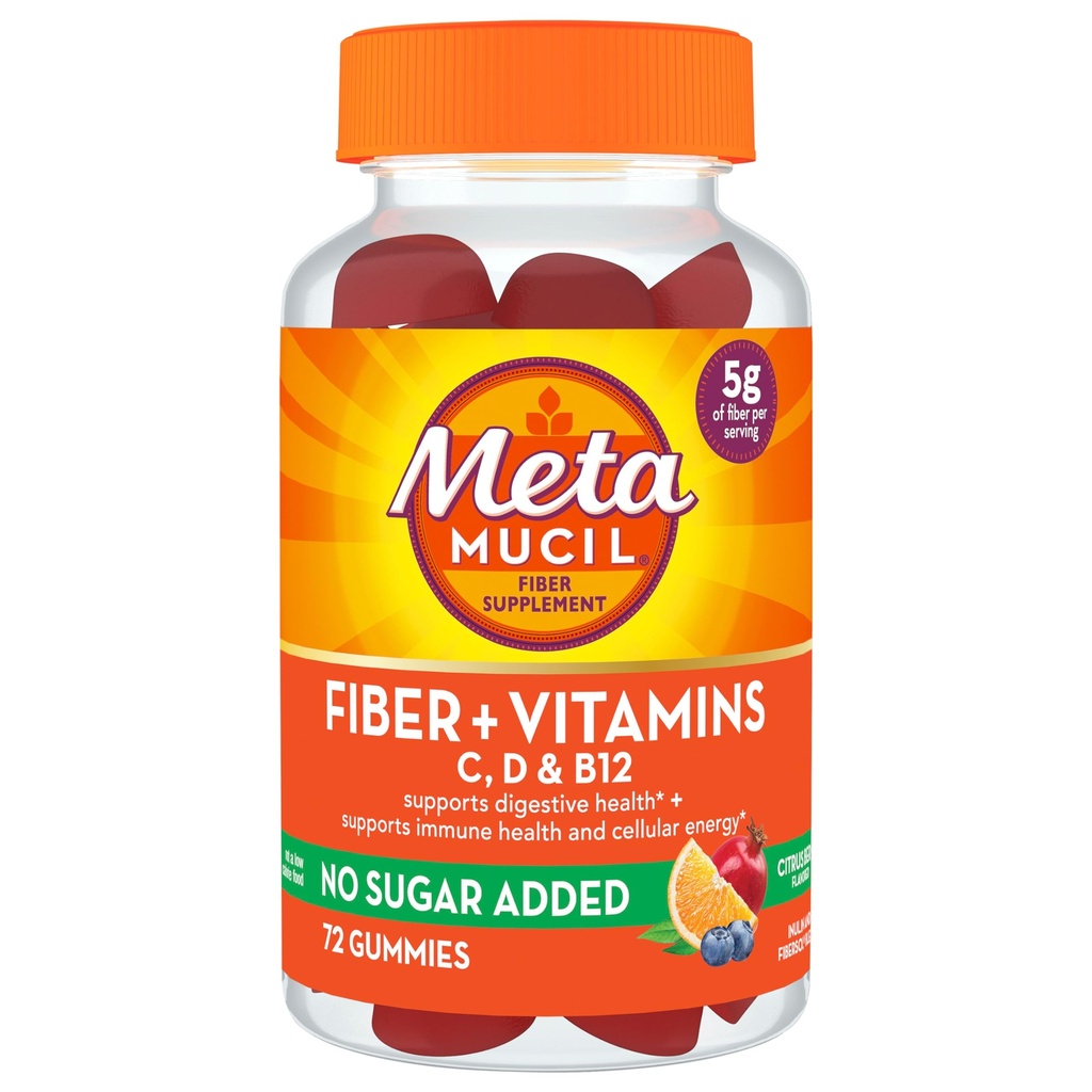 Suplemento de fibra de metamucil 72 Gummies, fibra + vitaminas C,D &amp; B12 no Azúcar Añadido, Soporte Cura digestiva + Soporte Salud de inmunodeficiencia, sabor de baya de Citrus.
