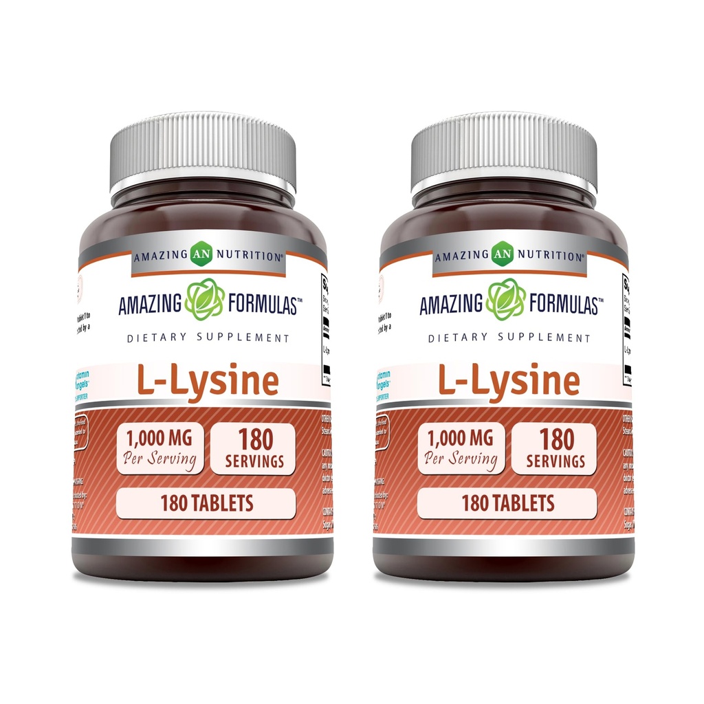 Fórmulas increíbles L-Lysine 1000mg Amino Acid Tablets Suplemento ← No Gluten Free ← Made in USA (180 Silencio 2 Pack)