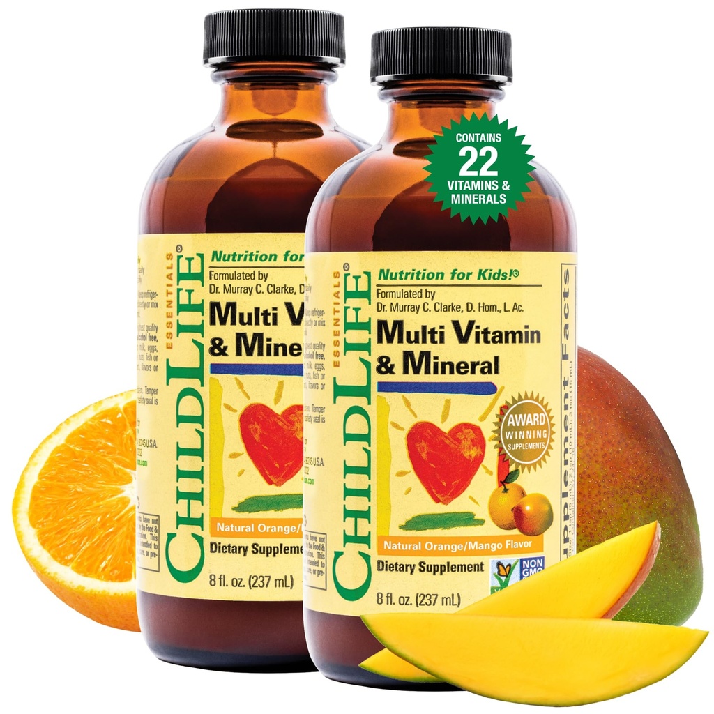 CHILDLIFE Essentials Kids Multivitamin & Mineral - Vitaminas para niños, Líquido multivitamínico para bebé Toddler &amp; Nena Natural Orange & Mango, 8 Fl Oz (Pack of 2)