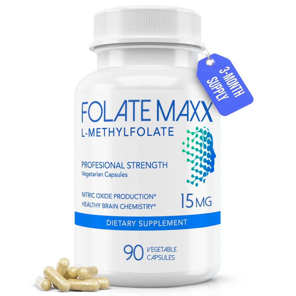 FolateMaxx L-Methylfolate 15mg 90 Capsules Ø Professional Active Methyl Folate 5-MTHF Supplement TEN Methylated Folate for Women &amp; Men ← Non-GMO, Gluten Free (3 Months Supply)
