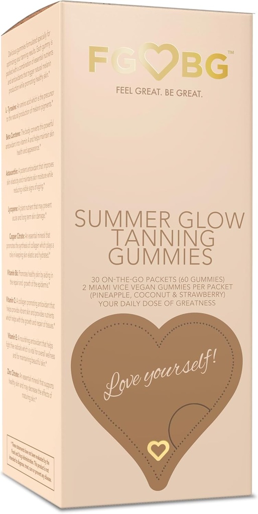 Verano Glow Tanning Gummies - Miami Vice Flavor - Pineapple, Coco, & Strawberry - Vegan - Gluten-Free - Ingredientes naturales - Nutrientes esenciales - Tamaño de viaje - 30 - Fuente de día