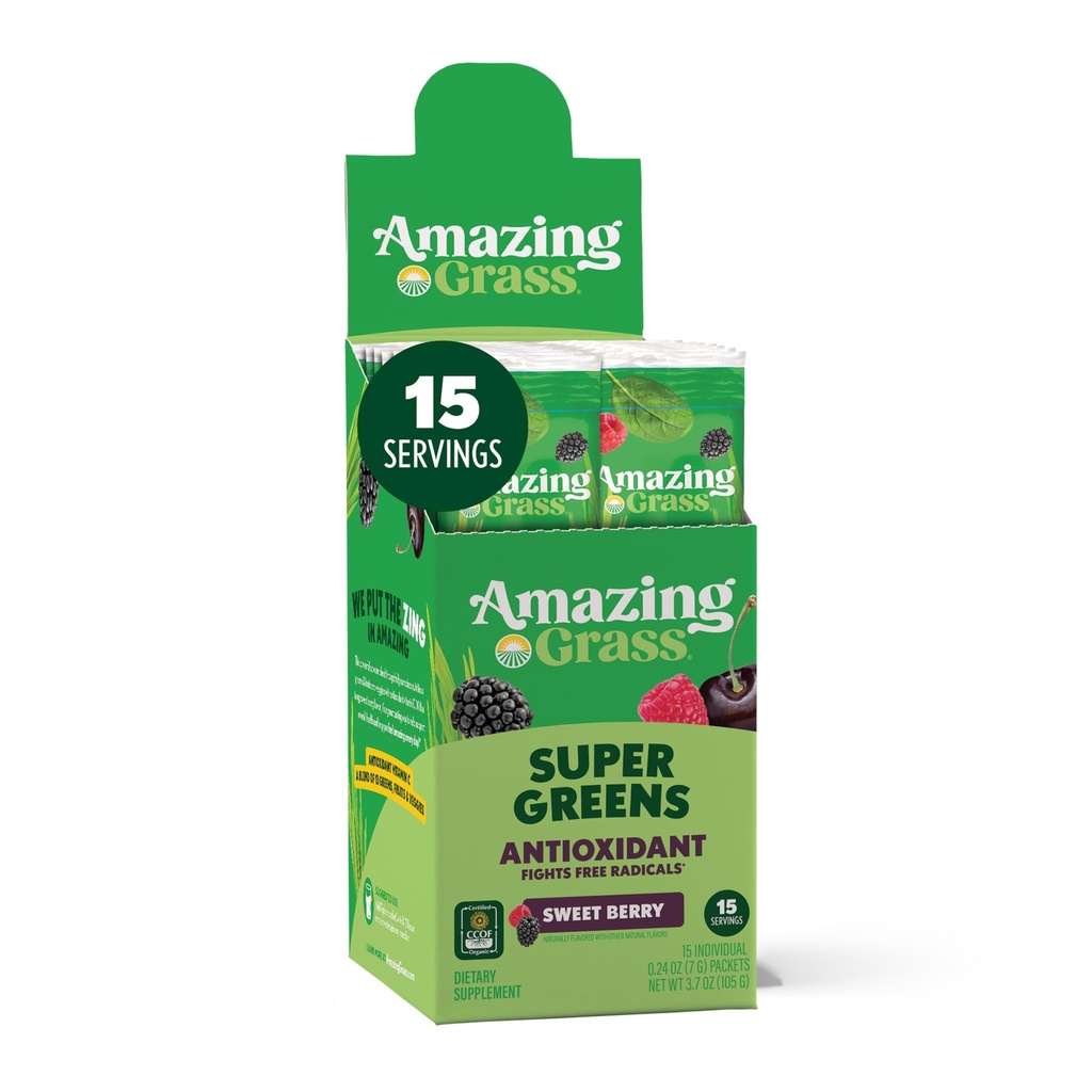 Increíble Grass Greens Blend Antioxidant: Super Greens Powder with Spirulina, Beet Root Powder, Elderberry, Prebiotics & Probiotics, Sweet Berry, 15 Servings (Packaging May Vary)