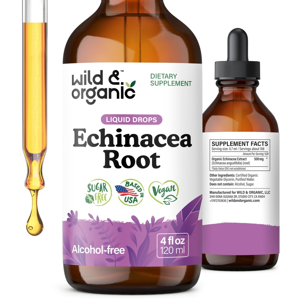 Wild &amp; Organic Echinacea Drops - Immune Support Supplement with Echinacea Angustifolia - Liquid Root Extract Tincture - Vegan, Sugar &amp; Alcohol-Free - 4 fl oz
