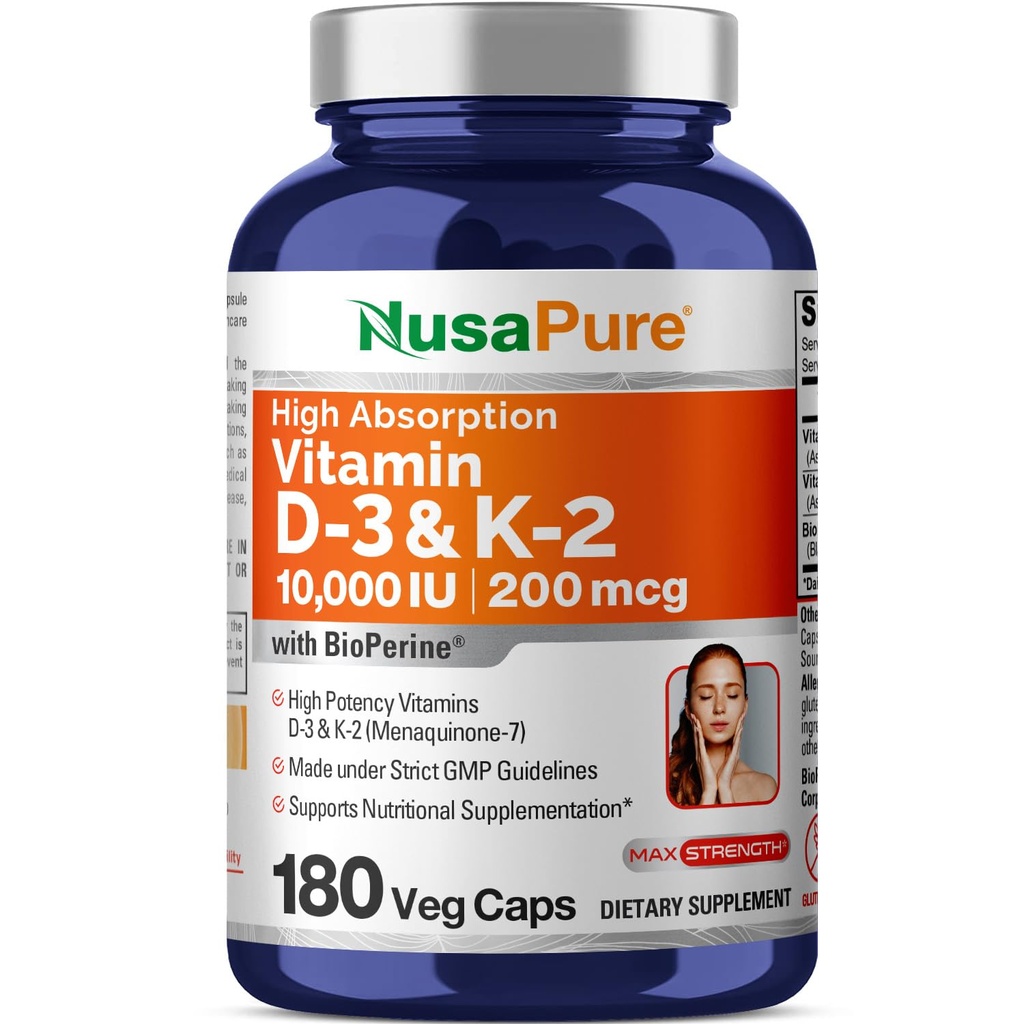 NusaPure Vitamina K2 (MK7) (200mcg) + Vitamina D3 (10000 UI) 180 Veg Caps - Bioperina, Sin soja, No GMO