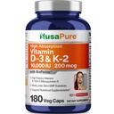 NusaPure Vitamina K2 (MK7) (200mcg) + Vitamina D3 (10000 UI) 180 Veg Caps - Bioperina, Sin soja, No GMO