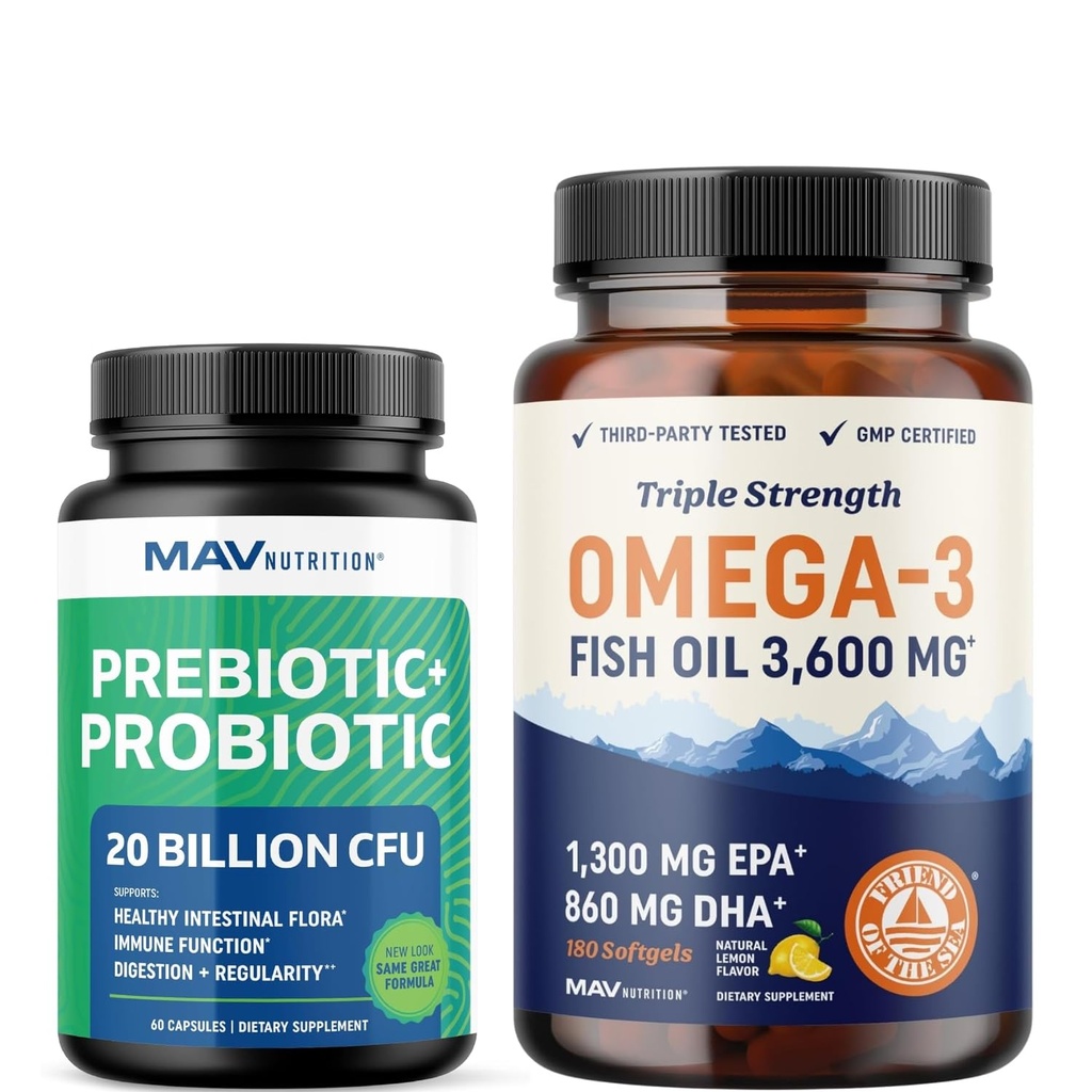 Omega 3 aceite de pescado y cápsulas probióticas ← Triple fuerza EPA & DHA Omega 3 Burpless Softgels Plus Probióticos " Prebióticos cápsulas para Gut Health " Immune Support ← 60 Sirve cada uno