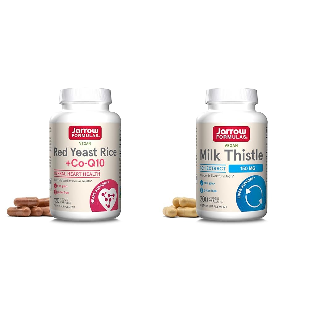Jarrow Formulas Red Yeast Rice 1200 mg &amp; Co-Q10 100 mg Por Serving-120 Veggie Caps-60 Servings & Heart Health-Vegan & Milk Thistle 150 mg with 30:1 Standardized Silymarin Extract
