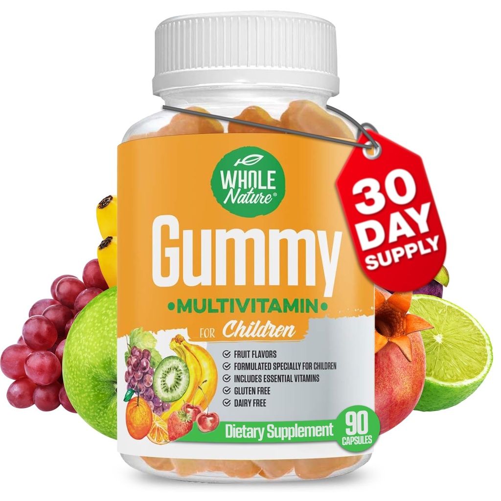 Niños Gummy Multivitamin - Esenciales diarios completos Niños Vitaminas y Minerales para el bienestar general, 90 Gummies. Sabor de frutas, sin azúcar artificial, lácteo y sin gluten