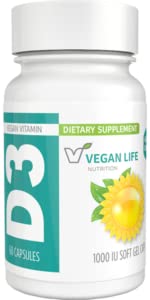 Vegan Life Nutrition - Vitamina D3 Daily Capsules for Adults (1000 IU) - Gluten-Free, Non-GMO, Supports Bone Health and Immune System - 60 cápsulas