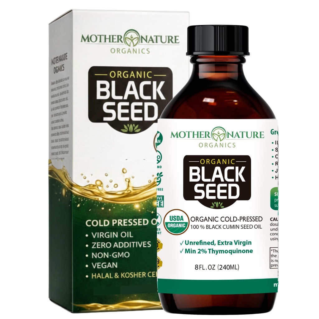 Madre Naturaleza USDA Organic Black Seed Oil, High TQ 2%, Cold Pressed, Unrefined Nigella Sativa, Omega 3 6 9 para Immune, Joint & Heart Support, Hair & Skin, Non-GMO, Glass Bottle (8oz)