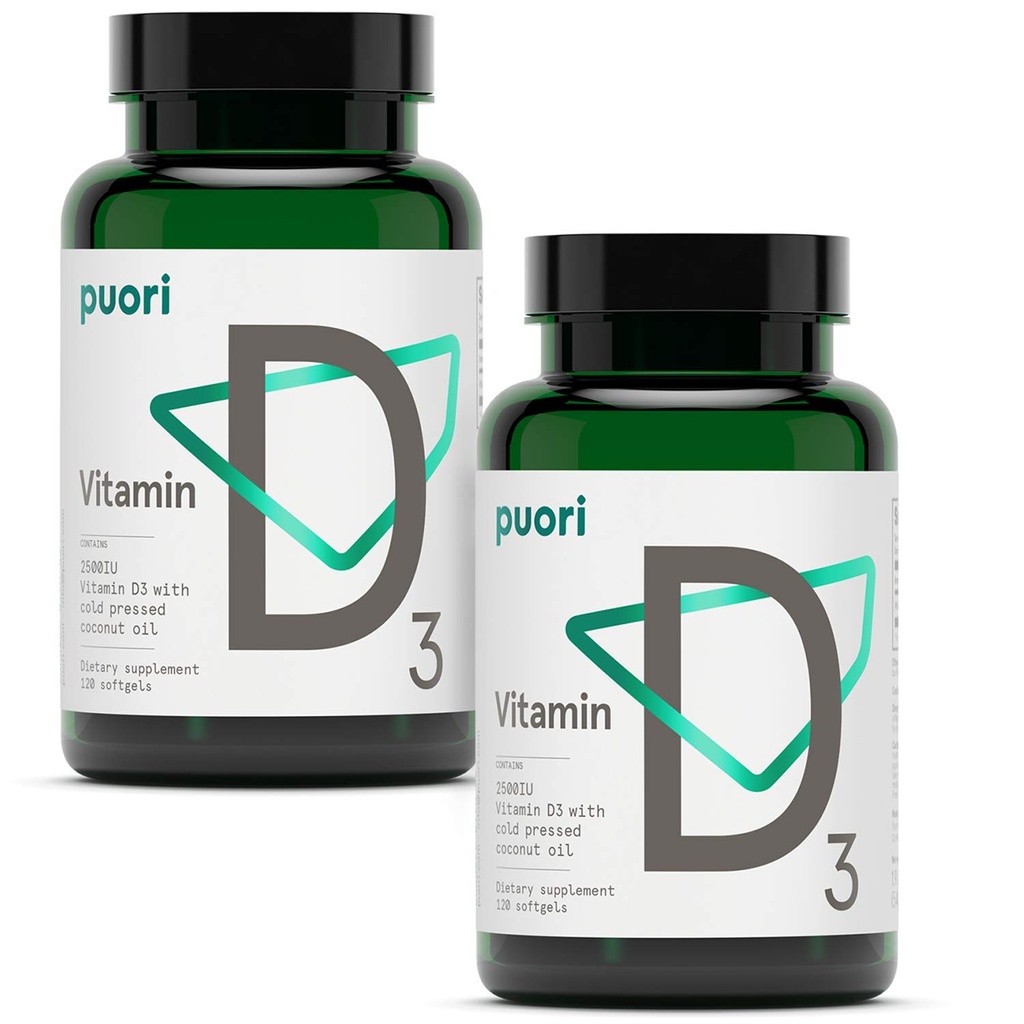 Vitamina Puori D3 Softgels, 2500 UI (62,5 mcg) - Absorbing rápido Vitamina D3 Suplementos para soporte de sistema inmunitario, salud ósea y funciones musculares saludables - libre de gluten - 240 Conde