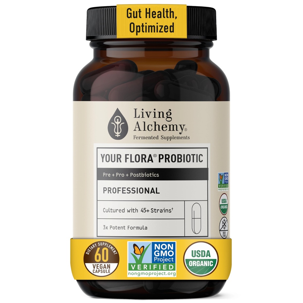 Alchemy Gut Health Supplements for Men &amp; Women - Your Flora Probiotic Professional Digestion Supplement with Fermented Soybean, Prebiotics, Digestive Enzyme - Vegan, Non-GMO, 60 Pcs