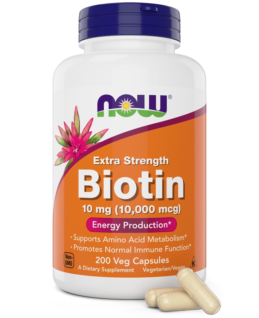AHORA Alimentos Extra Fuerza Biotina 10,000mcg / 10 mg - 200 Cuenta - Pelo, Piel, Nail - Suplemento para Hombres y Mujeres - B7 Vitamina - Vegetariano, Vegano, No GMO