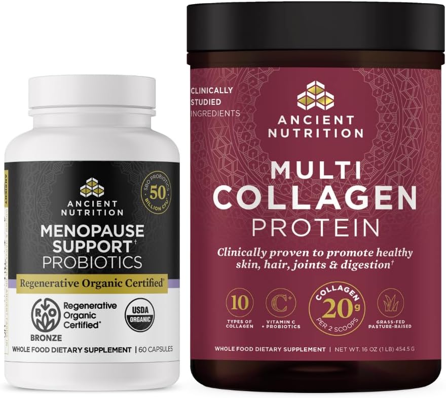 Probióticos certificados orgánicos antiguos de nutrición para la menopausia, 60 Cuenta + Multi Collagen Proteína de polvo Desarrollado, 45 Servimientos