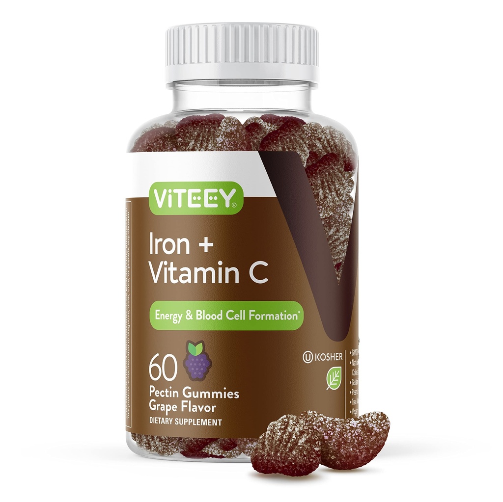 Viteey Iron Gummies - Hierro con Vitamina C - Energía, Bood Support y Anemia Suplemento para Hombres Mujer - Vegan, Gluten Gratis - 60 Cuenta