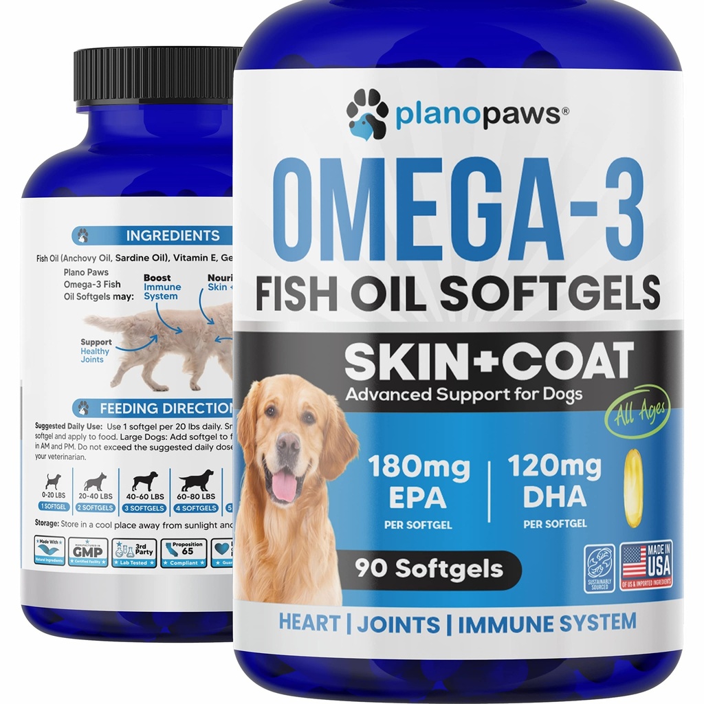 Omega 3 Aceite de pescado para perros - Aceite de salmón para perros - Suplemento de aceite de pescado de perro puede ayudar a la cama, alergia, alivio de Itch - Apoyos Esquí seco, articulaciones - Esquí de perros y suplemento de carne - 90 Píldoras de aceite de pescado EPA DHA