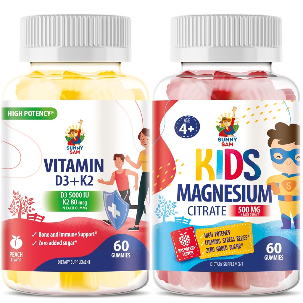 Magnesio Gummies para niños &amp; Vitamina D3 K2 Gummies 5000 UI - Immune & Bone Support - Suplemento Gummy de vitamina D libre de azúcar - Alta absorción, Vegan, Gummies libres de gluten para adultos