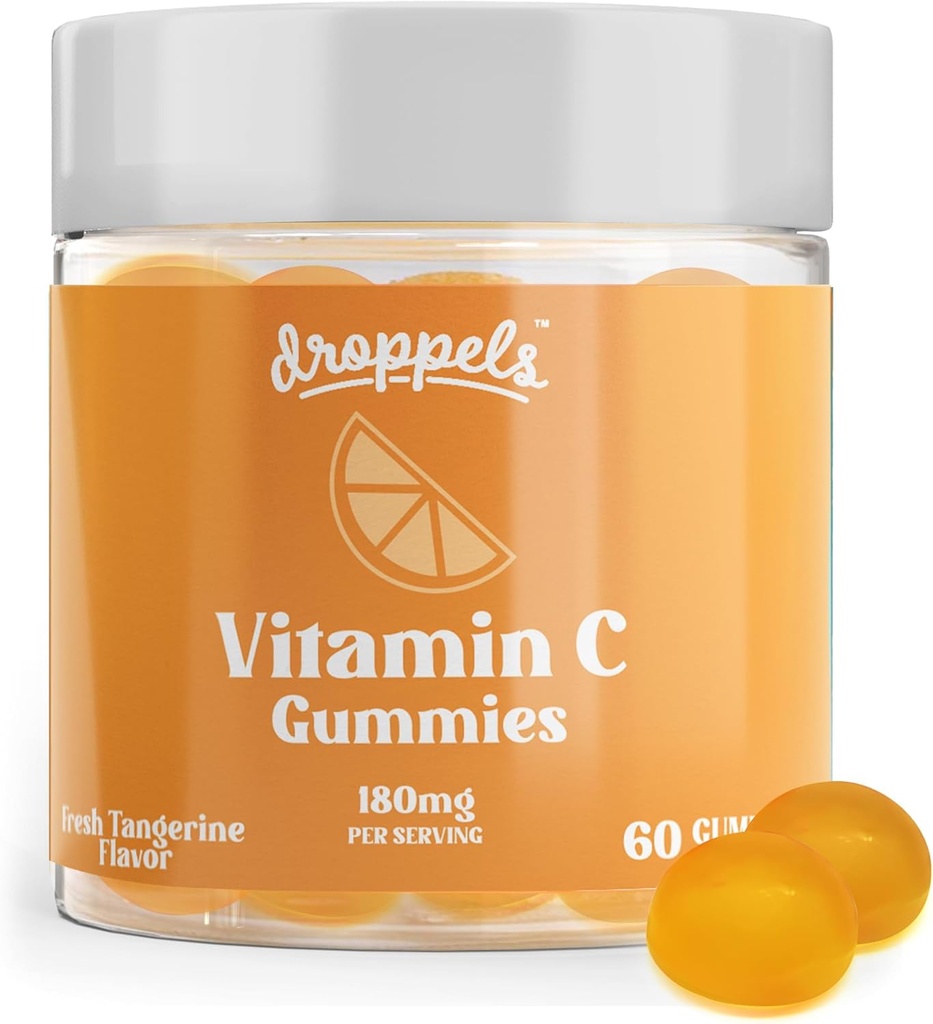 Droppels Vitamina C Gummies, 180mg – Vegan, Pectin Plant-Based Immune Support Suplemento Booster – Tangerine Flavor, 60 Cuenta (1-Month Supply)