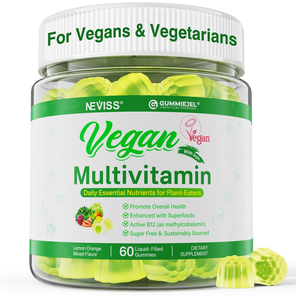 NEVISS Vegan Multivitamin for Women &amp; Men w/Methyl B12, D3 K2, Plant Based Omega 3 (DHA+EPA), Iron, Choline, Zinc, Whole Food Daily Vitamins Gummies for Vegans &amp; Vegetarians, Sugar Free, 60Cts