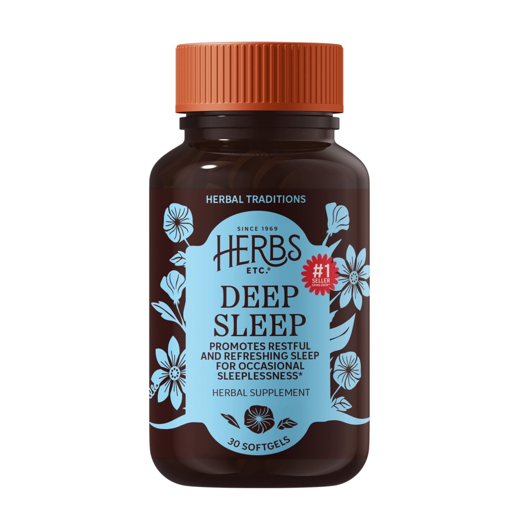 Herbs Etc. Deep Sleep Softgels - Herbal Sleep Support Suplemento - Rest &amp; Calming Support with Passionflower, Chamomile & Lemon Balm - 30 Softgels (30 Servings)