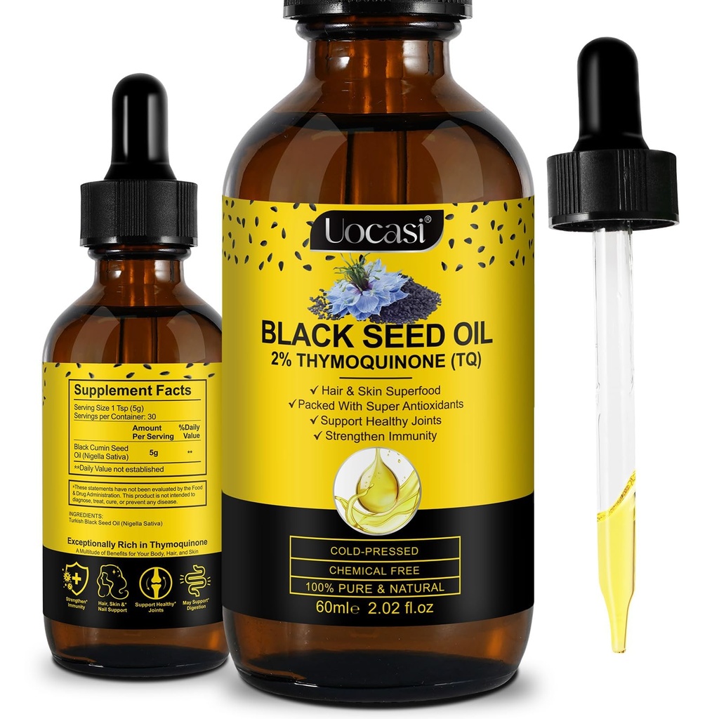 Uocasi Black Seed Oil, Cold Pressed, 100% puro &amp; Natural, Hair Growth &amp; Skin Care, 2.02 Fl Oz