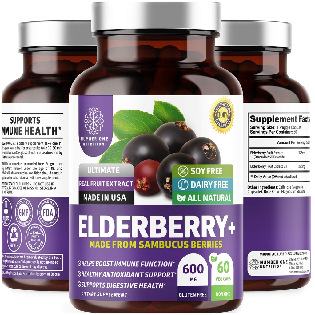 Cápsulas Premium de Elderberry N1N para Adultos [Max Strength] Elderberry Pura y Potente de Sambucus Nigra para apoyar la salud de la inmunidad, no GMO, Gluten Free, 60 Cápsulas de Veg