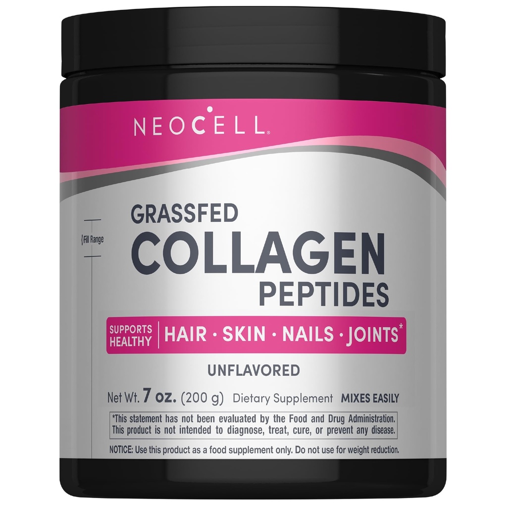 Peptides Super Collagen NeoCell, Peptides Collagen 10g por Serving, Gluten Free, Keto Friendly, Non-GMO, Grass Fed, Cabello Saludable, Esquí, uñas y articulaciones, Polvo Desflavorado, 7 oz., 1 Canister