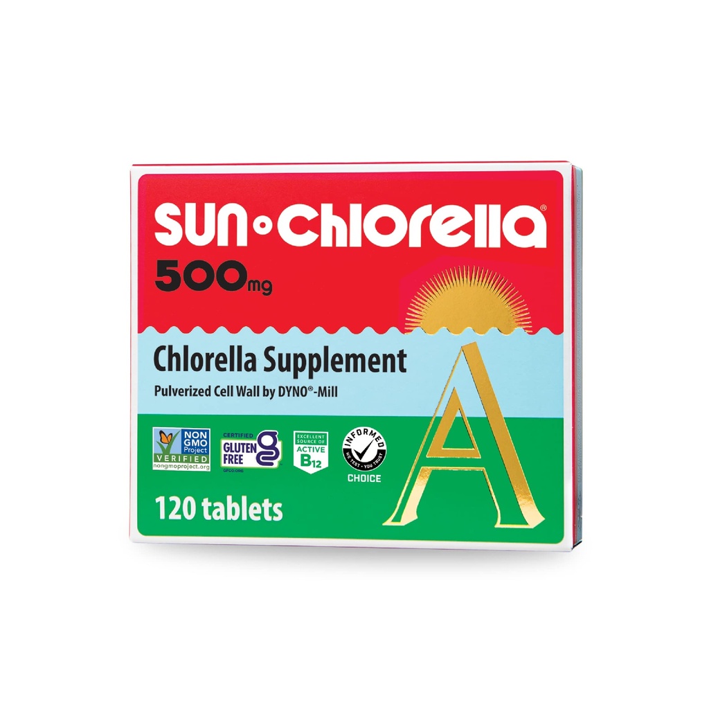 Sun Chlorella Tablets 500mg, Whole-Food B12 & Vitamin D, Non-GMO, 120ct