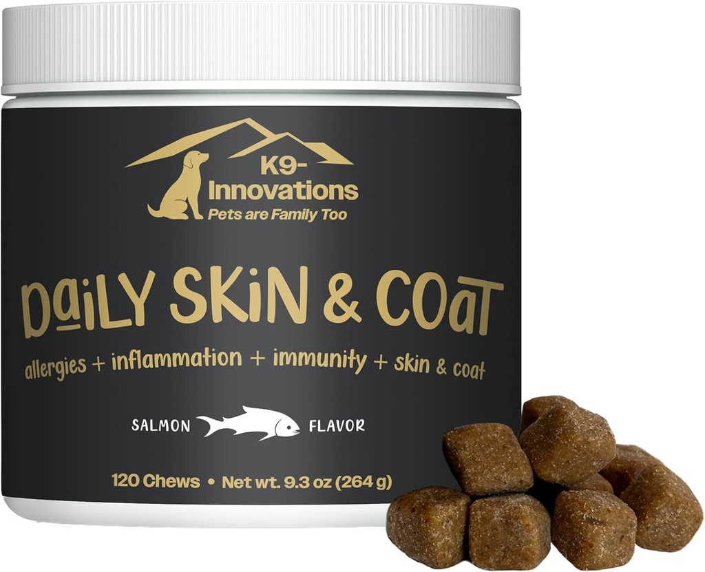 K9-Innovaciones - Habilidad diaria " Coat Dog Chews Salmon Flavor - Reducir picazón " Paw Chewing, Omega 3 " VIT C for Skin Health - 1-4 Month Supply (120qty)