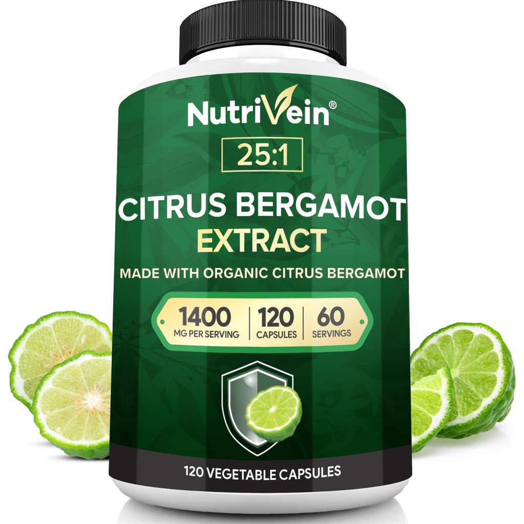 Nutrivein Premium Citrus Bergamot Suplemento 1400mg 25:1 Bergamia Extract - 60 Day Supply (120 Capsules): Powerful Italian Citrus Bergamot 1400 mg+ High Concentration - Heart and Circulatory System