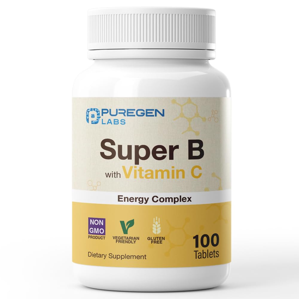 Complejo de energía de laboratorios puros Super B con vitamina C - Immune Health, Energy & Nervous System Support - Non-GMO, sin gluten 100 tabletas vegetarianas