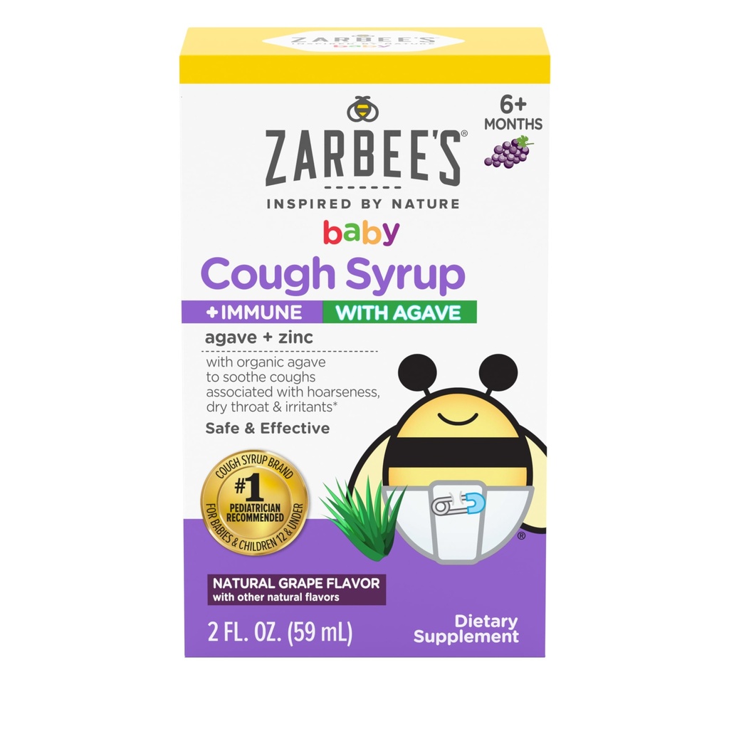 Zarbee's Baby Cough Syrup + Immune with Organic Agave + Zinc; Natural Grape Flavor; para bebés 6+ Meses, 2 Fl Oz(Pack of 1)