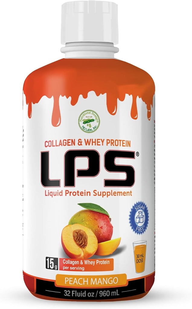 LPS Liquid Collagen & Whey Protein Supplement - Sugar-Free, Dye-Free, Non-GMO Drink - Hydrolyzed Collagen & Whey Peptides Promotes Healthy Skin & Hair for Men & Women, Peach Mango, 32 fl oz